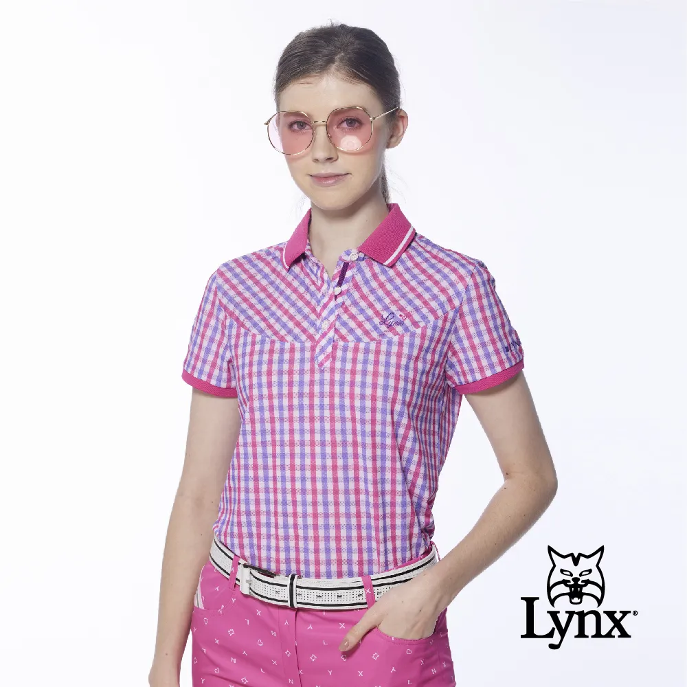 【Lynx Golf】女款吸濕排汗羅紋領滿版獎盃圖樣印花短袖POLO衫-淺藍色 歷史價格詳細信息