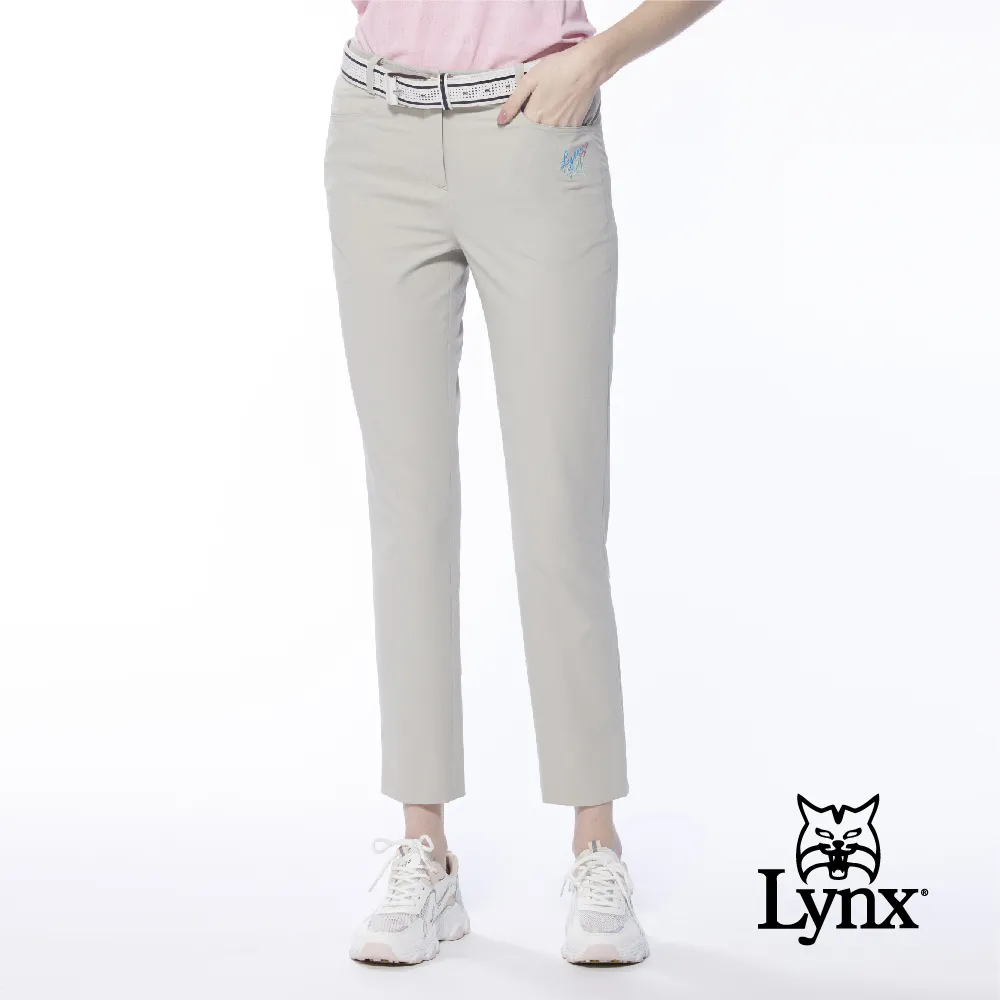 【Lynx Golf】女款吸濕排汗彈性布料滿版Lynx字樣口袋配色織帶設計窄管長褲(二色) 歷史價格詳細信息