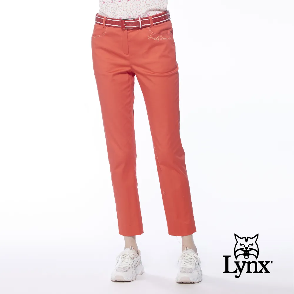 【Lynx Golf】女款彈性舒適格紋配布D型環設計窄管九分褲(橘色) 歷史價格詳細信息