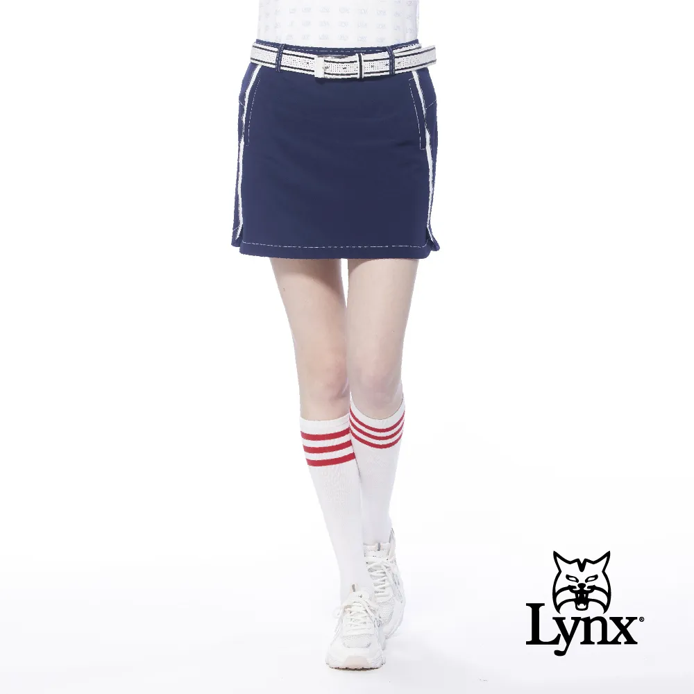 【Lynx Golf】女款彈性舒適口袋壓線造型緹織LOGO鬆緊帶剪接設計靴型九分褲( 歷史價格詳細信息
