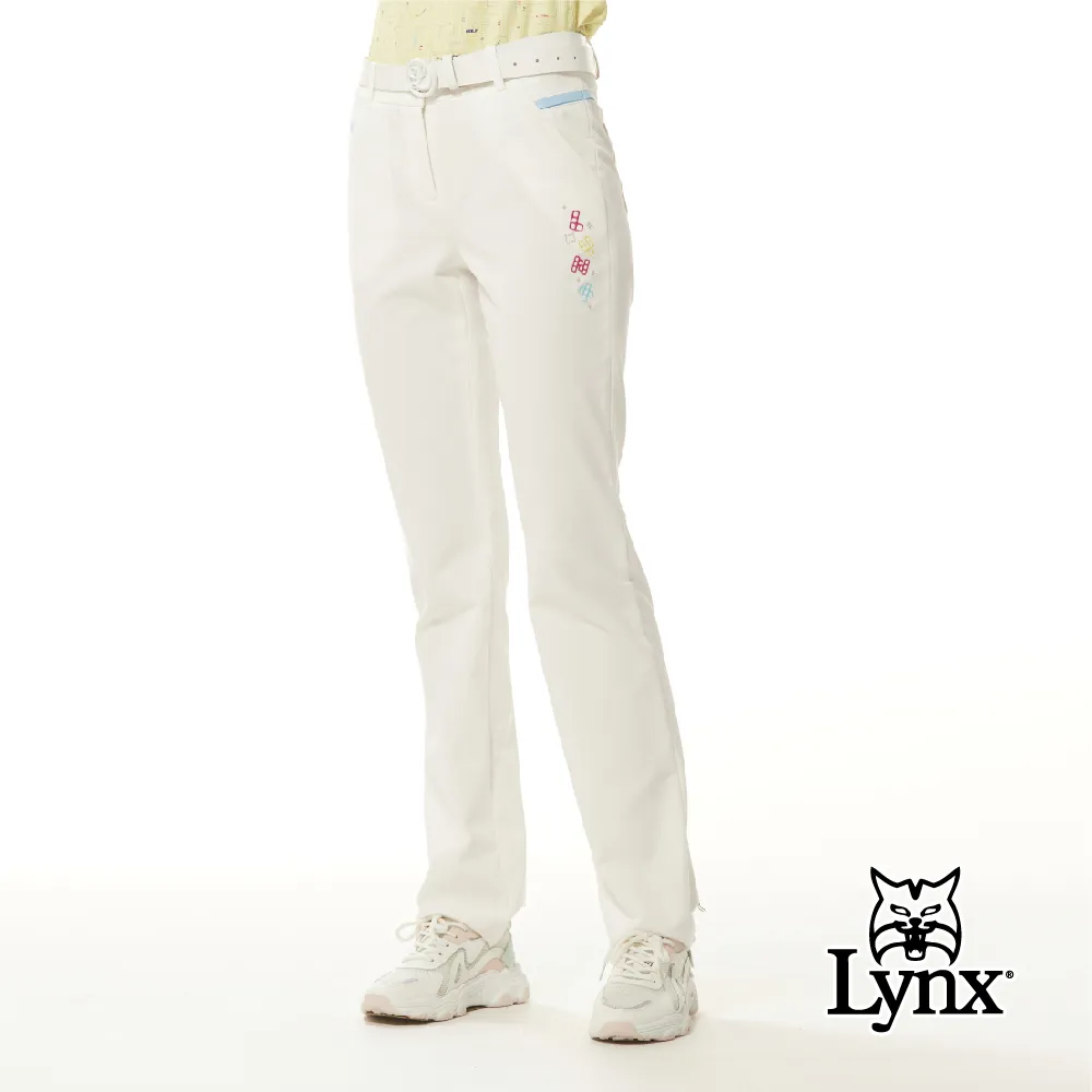 【Lynx Golf】女款彈性舒適口袋壓線造型緹織LOGO鬆緊帶剪接設計靴型九分褲( 歷史價格詳細信息