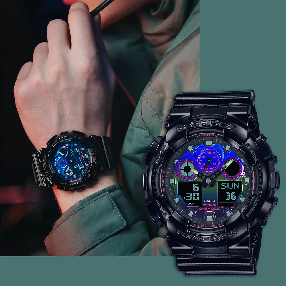 【CASIO】卡西歐 G-SHOCK 虛擬彩虹系列 GA-100RGB-1A 兩百米防水 雙顯運動電子錶 亮面黑/炫彩 歷史價格詳細信息