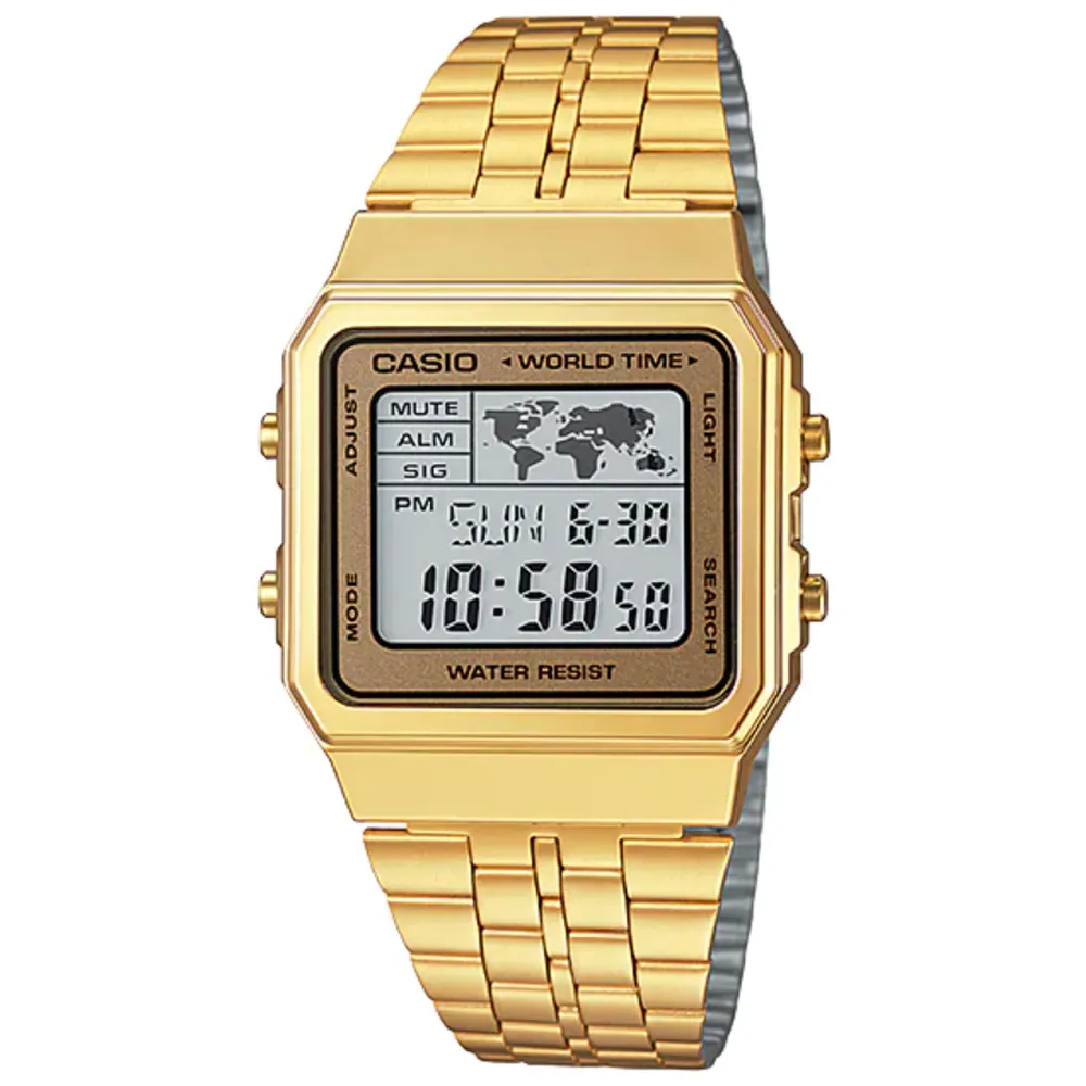 【CASIO】A500WGA-9 復古造型電子錶/全球地圖世界時間/百搭/男女通用款/34mm/金/公司貨【第一鐘錶】 歷史價格詳細信息