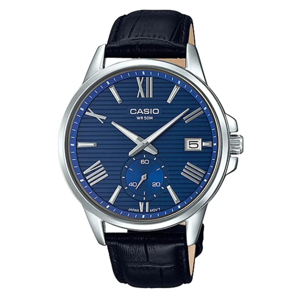 【CASIO】條紋時尚單眼羅馬紳士真皮腕錶-藍面(MTP-EX100L-2A)正版宏崑公司貨 歷史價格詳細信息