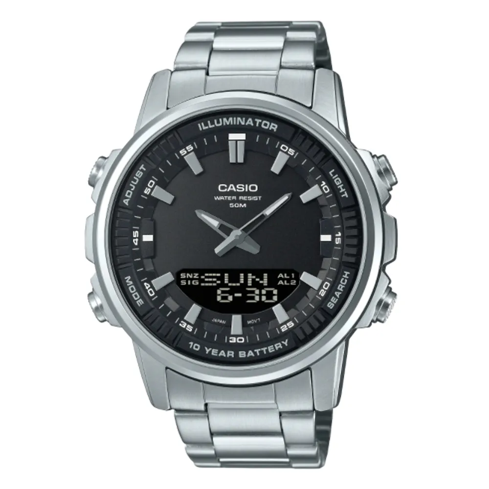 CASIO / AMW-880D-1AV / 卡西歐 運動潮流 雙顯 世界時間 計時碼錶 不鏽鋼手錶 黑色 47mm 歷史價格詳細信息