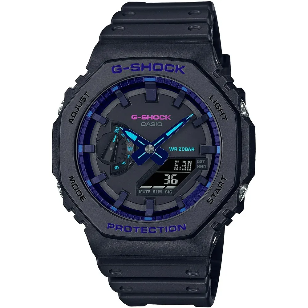 G-SHOCK CASIO / GA-2100VB-1A / 卡西歐 八角型 霓虹元素 雙顯 防水 橡膠手錶 黑色 45mm 歷史價格詳細信息
