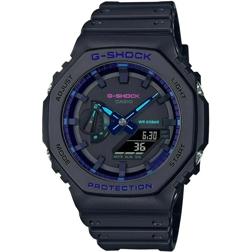 G-SHOCK CASIO / GA-2100VB-1A / 卡西歐 八角型 霓虹元素 雙顯 防水 橡膠手錶 黑色 45mm 歷史價格詳細信息