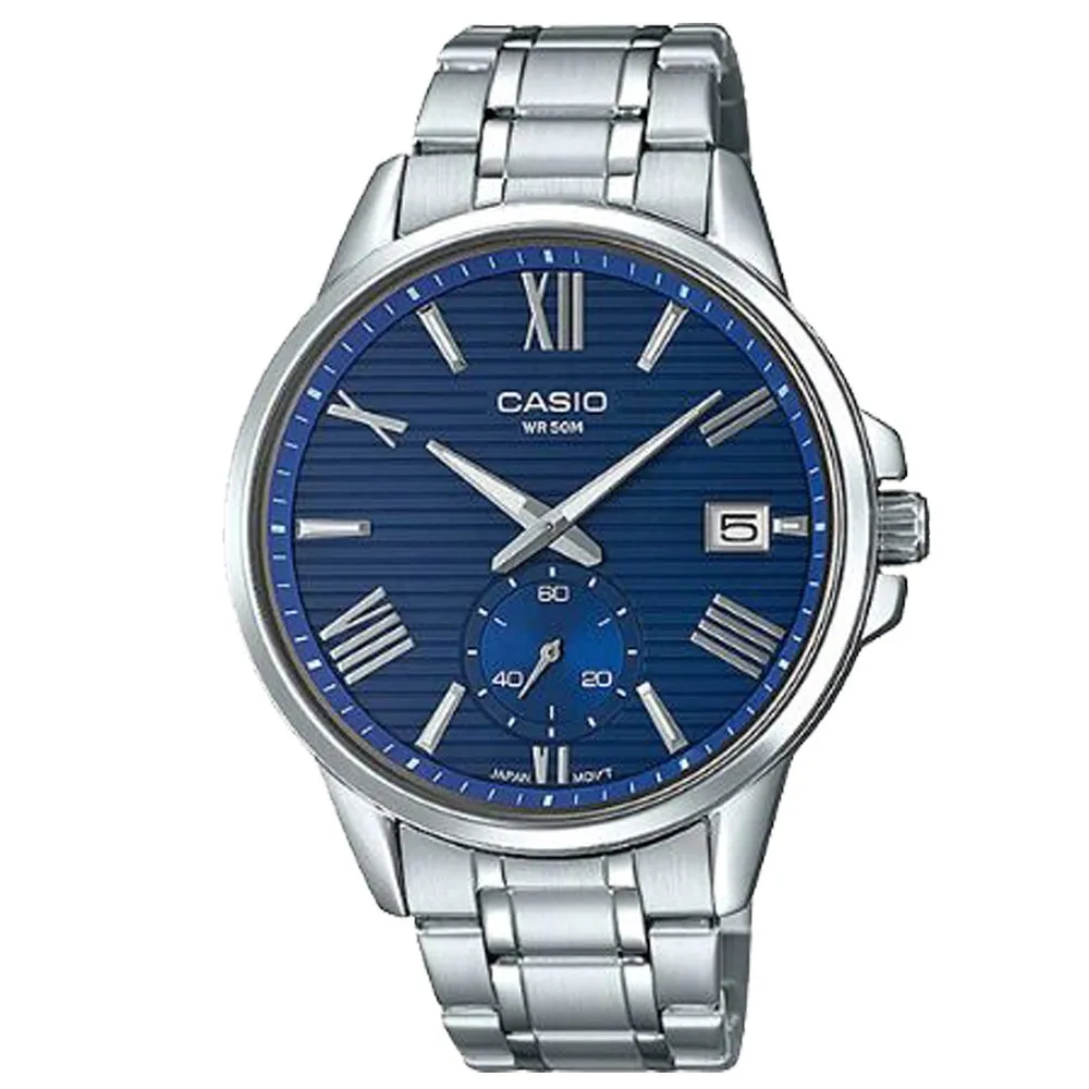 【CASIO】條紋時尚單眼羅馬紳士真皮腕錶-藍面(MTP-EX100L-2A)正版宏崑公司貨 歷史價格詳細信息