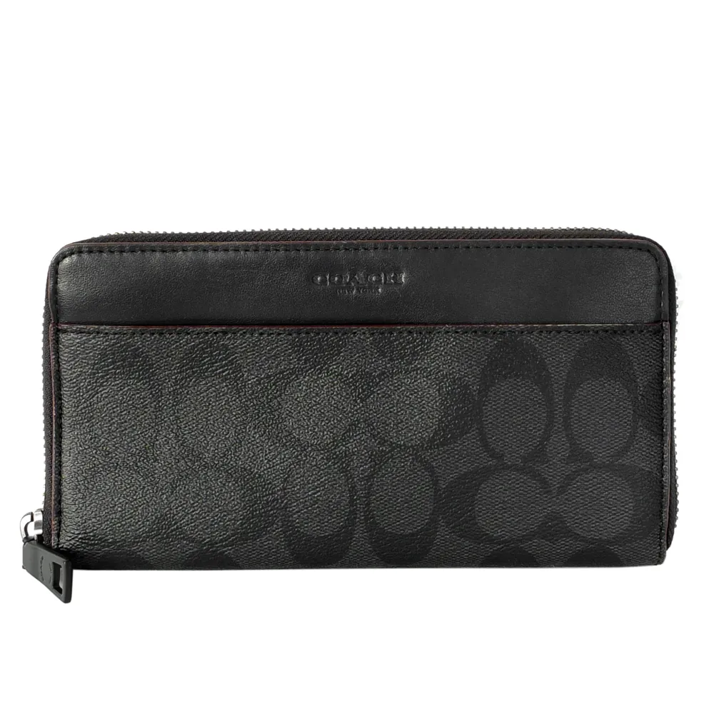 COACH鐵灰黑C Logo藍邊真皮上釦三摺內拉鍊袋短夾 歷史價格詳細信息