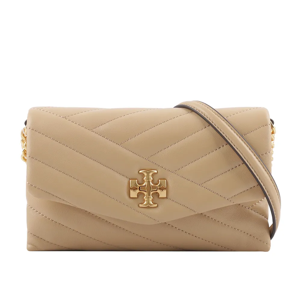TORY BURCH Kira Chevron 銀釦絎縫皮革皮夾式鍊包(淺沙色) 90343 288 歷史價格詳細信息
