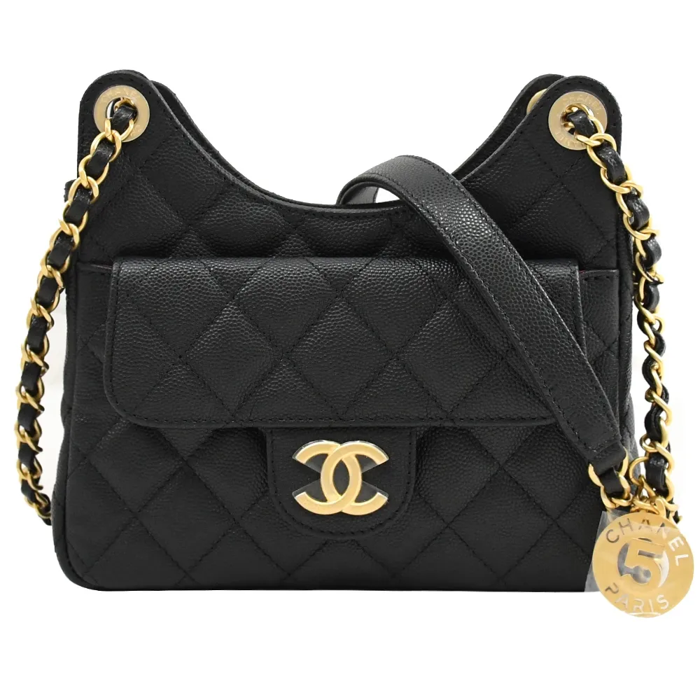 CHANEL Hobo Bag經典雙C LOGO菱格紋小羊皮小號手提/肩背包(黑色) 歷史價格詳細信息