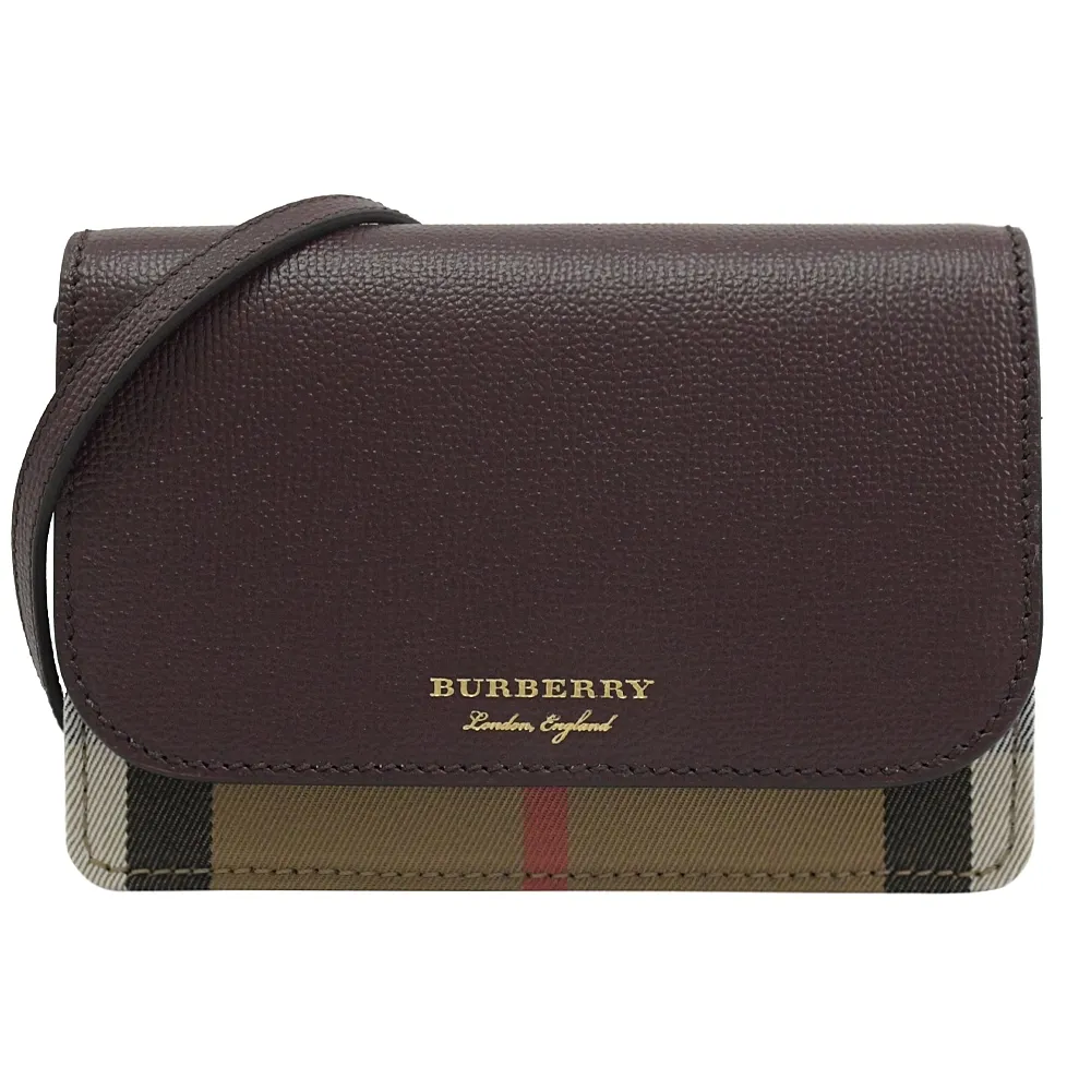 BURBERRY Hampshire 新款格紋帆布拼皮革手拿/斜背包(酒紅色) 80463181 歷史價格詳細信息