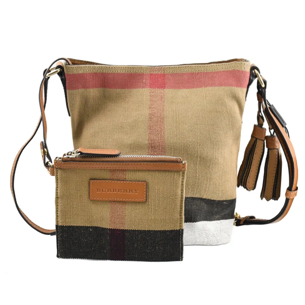 BURBERRY經典格紋棉麻 肩背水桶包(卡其/黑) 歷史價格詳細信息