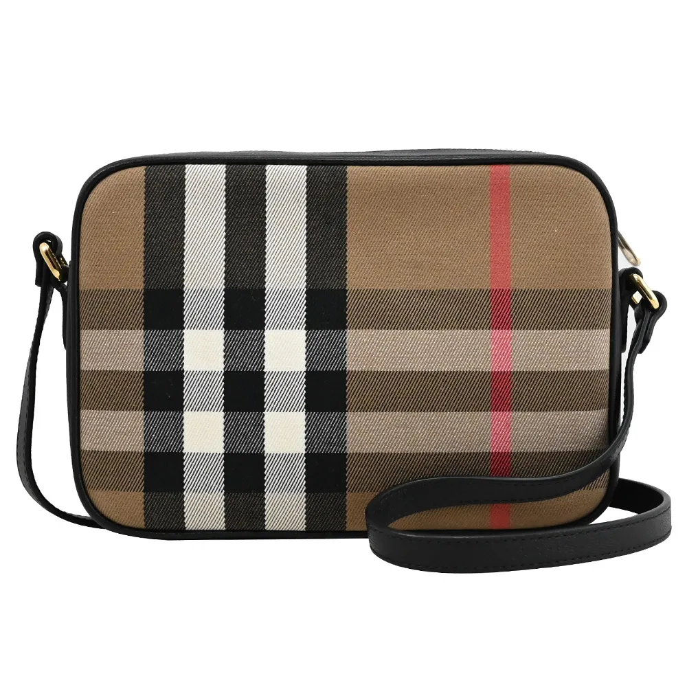 BURBERRY 8084028 Hampshire 經典格紋拼接牛皮翻蓋斜背方包.黑 歷史價格詳細信息