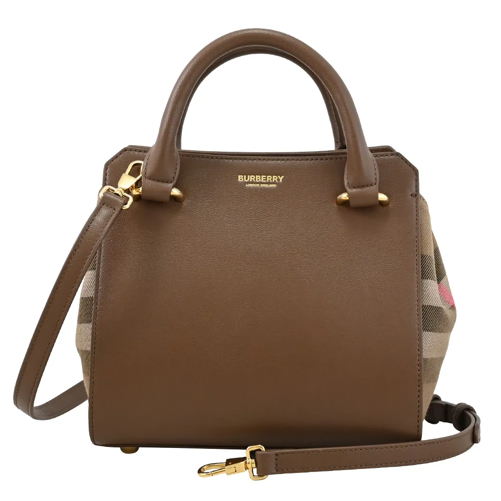 BURBERRY 8084486 BANWELL 質感牛皮拼接格紋棉麻手提斜背兩用包.深藍 歷史價格詳細信息