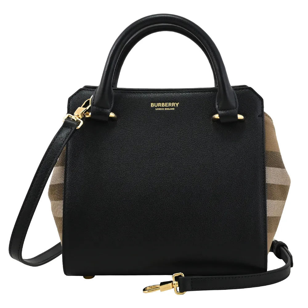 BURBERRY 8084028 Hampshire 經典格紋拼接牛皮翻蓋斜背方包.黑 歷史價格詳細信息