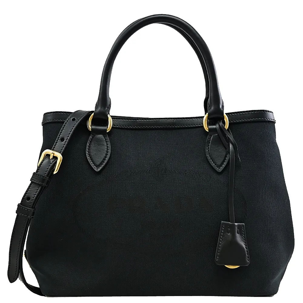 PRADA 1BA172 經典大LOGO緹花帆布手提斜背兩用包.黑 歷史價格詳細信息