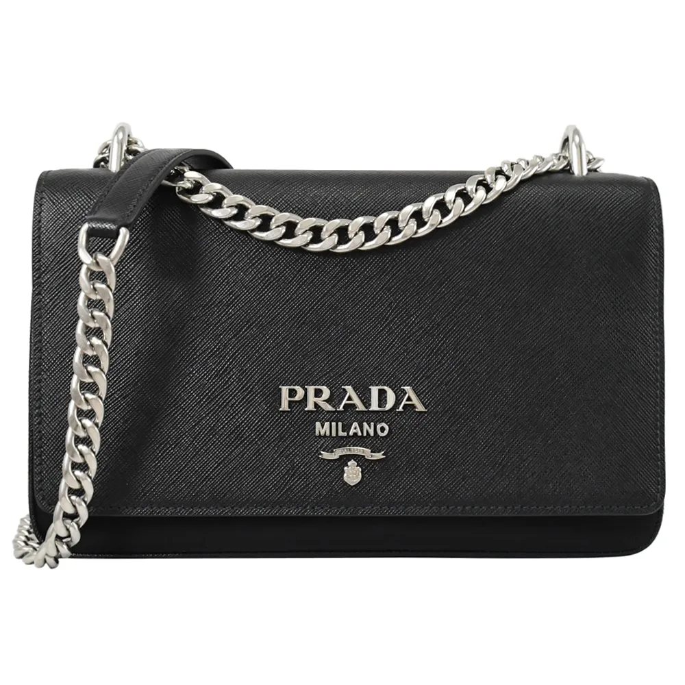 PRADA 黑斜紋皮革側邊三角標誌翻蓋斜背包 歷史價格詳細信息
