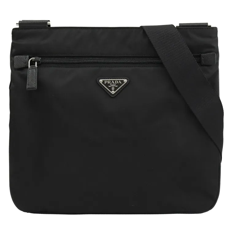 PRADA 2VH563 經典三角LOGO尼龍帆布皮飾邊斜背包.黑 歷史價格詳細信息
