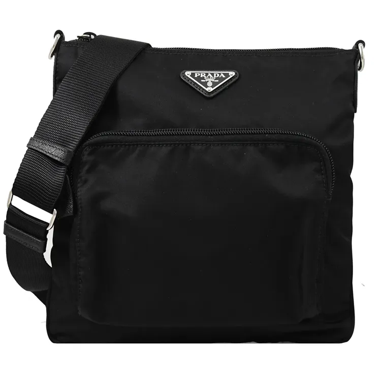 PRADA 1BH716 經典三角LOGO尼龍拉鍊斜背扁包.黑 歷史價格詳細信息
