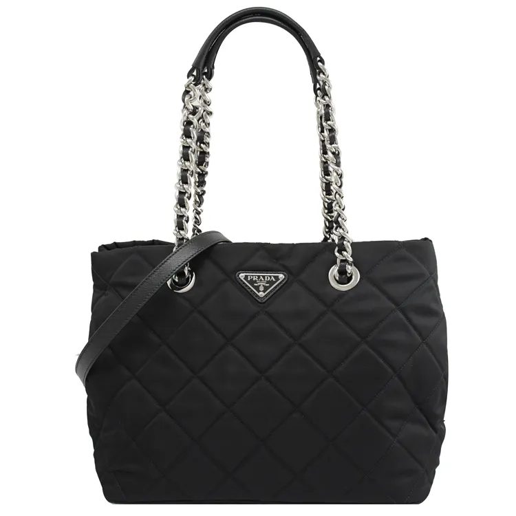 PRADA 1BG740 經典三角LOGO菱格帆布銀鍊兩用包.黑 歷史價格詳細信息