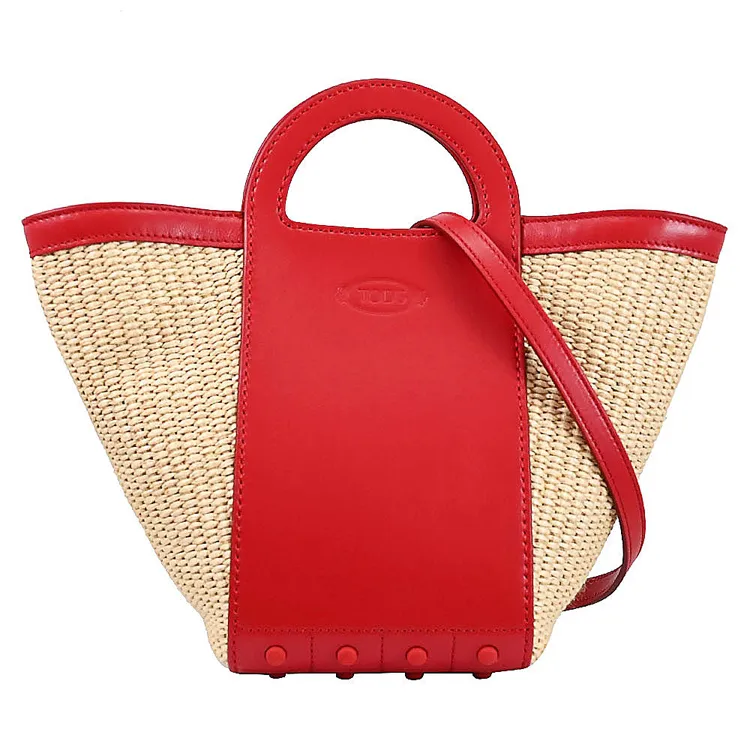 TODS 烙印LOGO草編拼接牛皮手提斜背兩用包.紫 歷史價格詳細信息