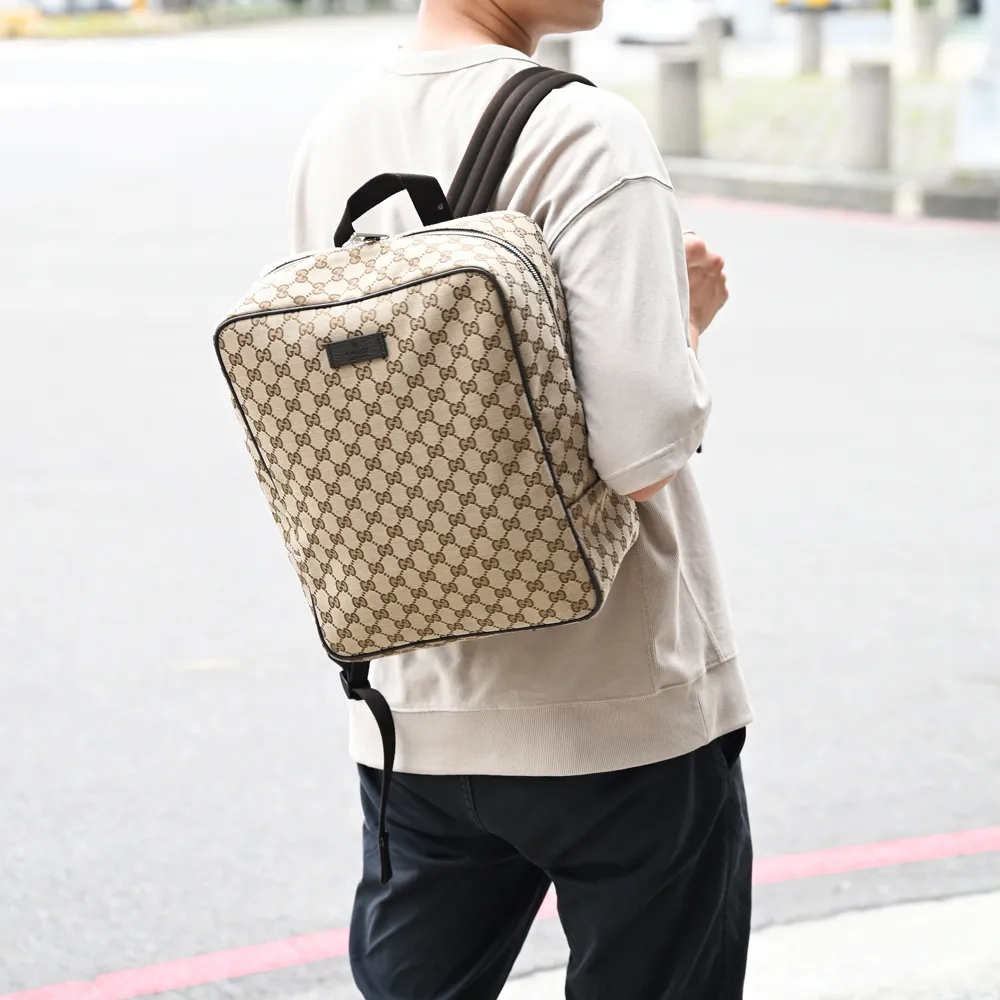 GUCCI 630914 經典雙G緹花布皮飾邊休閒後背包.駝/咖邊 歷史價格詳細信息