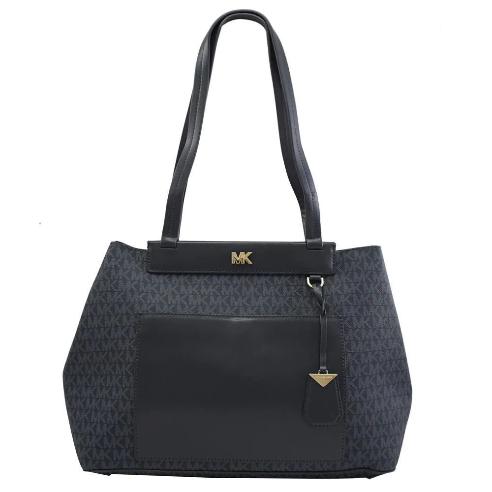 MICHAEL KORS MEREDITH 前口袋皮革拼接肩背托特包.深藍 歷史價格詳細信息