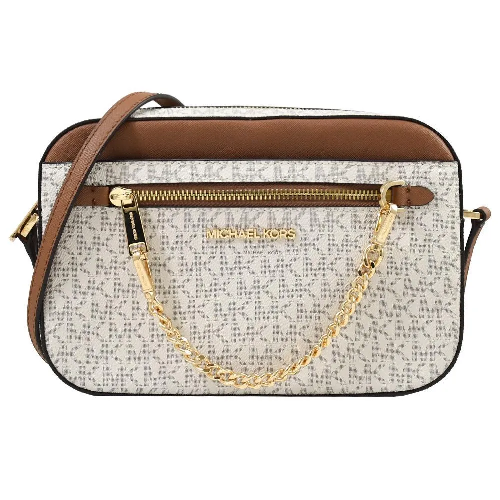 【Michael Kors】MK MICHAEL KORS JET SET EW金字LOGO拉鍊鍊帶造型設計PVC斜背相機包(大/橡子棕x棕) 歷史價格詳細信息