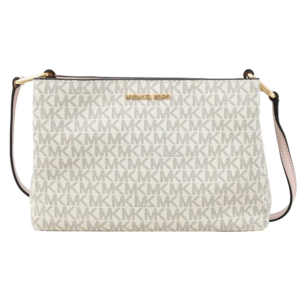 MICHAEL KORS TRISHA 金字Logo滿版MK咖啡X馬鞍棕色防刮三層斜背包 歷史價格詳細信息