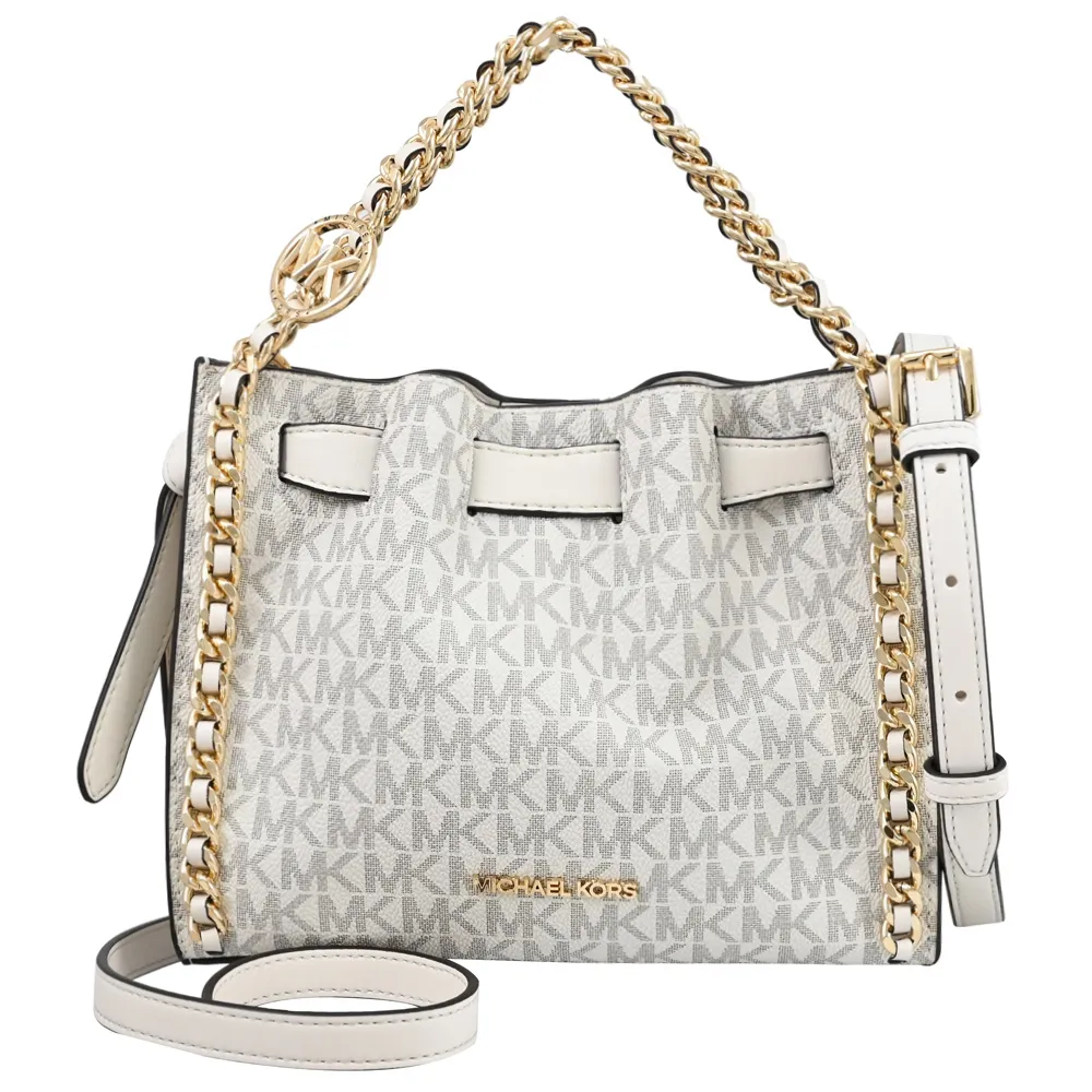 MICHAEL KORS MINA 金字Logo乳霜白色滿版防刮編織金鏈手提斜背兩用包 歷史價格詳細信息