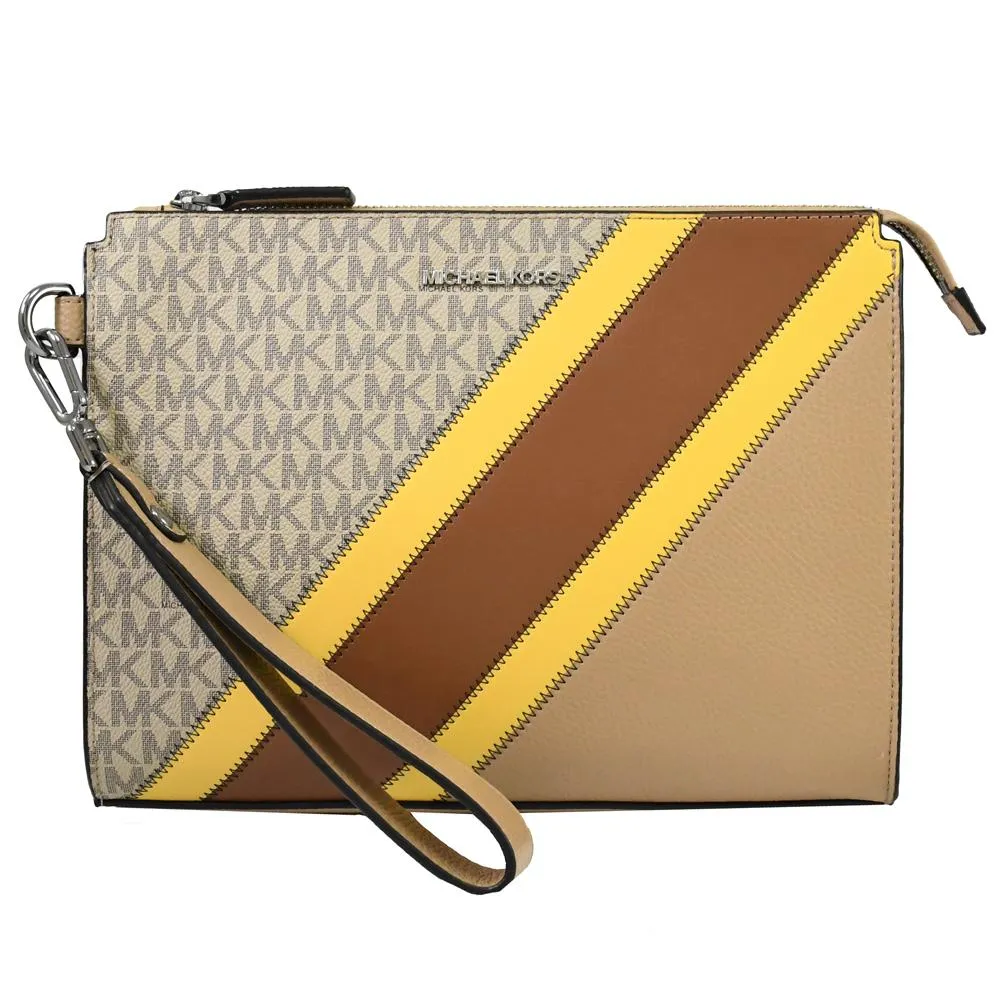 MICHAEL KORS COOPER 卡其色壓印Logo皮革X黃色條飾對開式短夾 歷史價格詳細信息