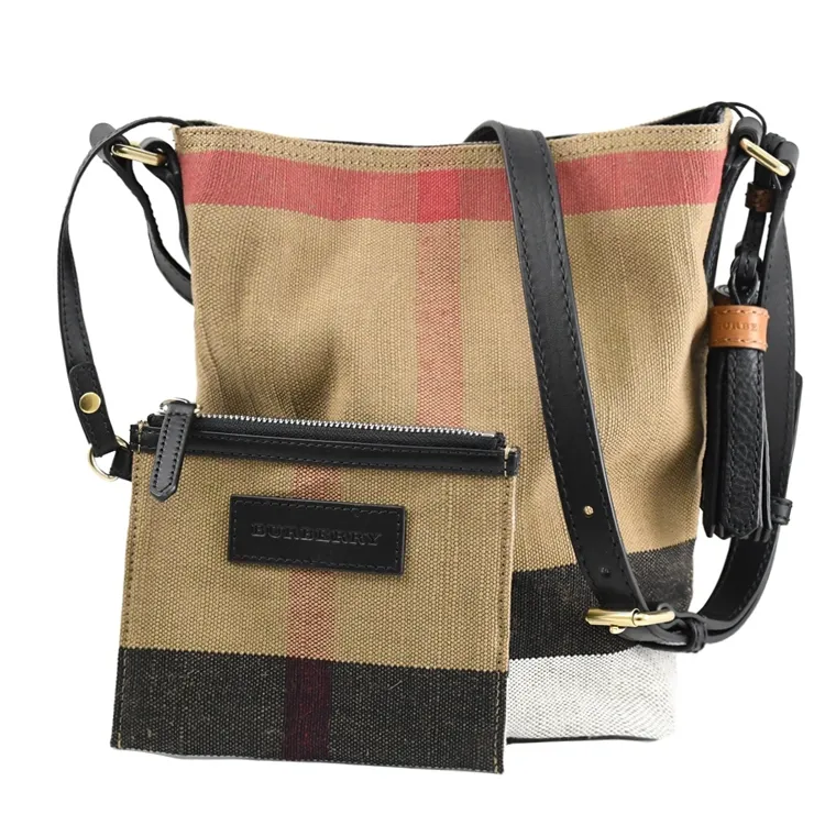 BURBERRY經典格紋棉麻 肩背水桶包(卡其/黑) 歷史價格詳細信息