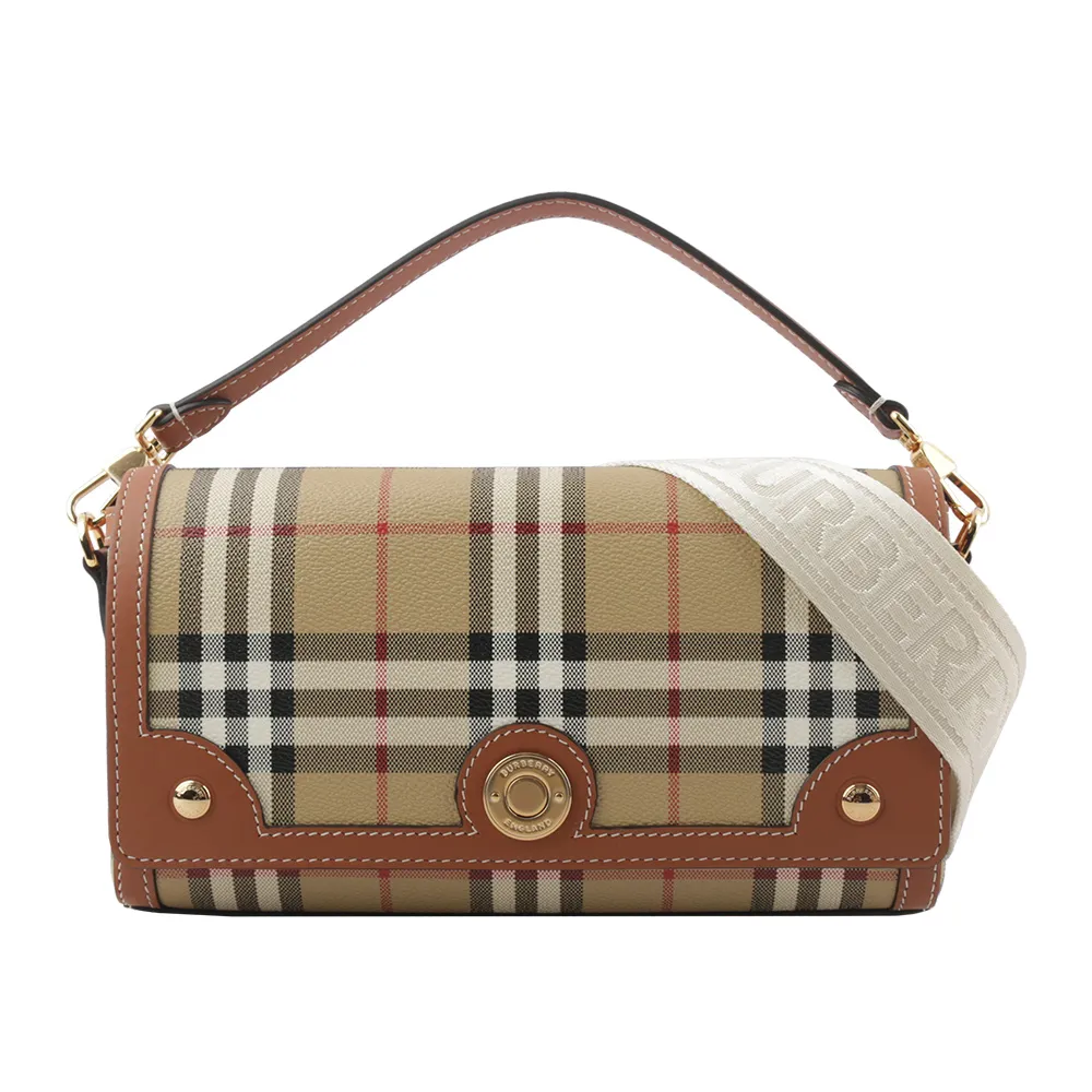 BURBERRY Note Vintage 格紋拼皮革翻蓋斜背包(石楠木棕色) 8066226 歷史價格詳細信息