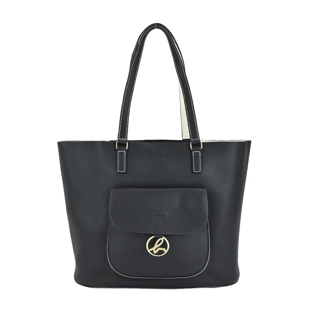 agnes b.圓牌翻扣皮革拼接尼龍肩背包(深藍) 歷史價格詳細信息