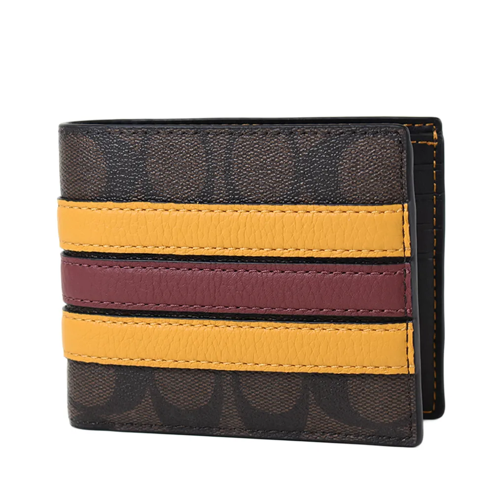 COACH 男款 緹花LOGO黃棕直紋防刮皮革短夾-咖啡色/附證件夾 歷史價格詳細信息