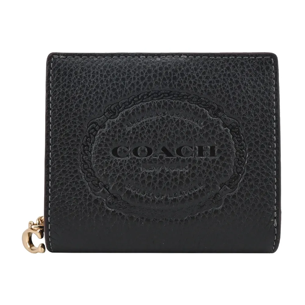 【COACH】圓標LOGO壓紋荔枝皮革對折拉鍊短夾(黑色) 歷史價格詳細信息