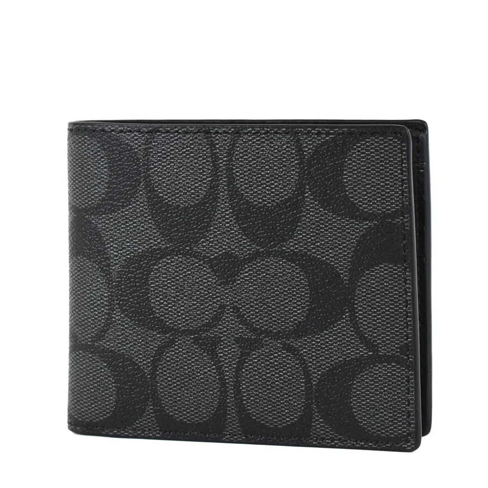 COACH 男款 緹花LOGO防刮皮革短夾-灰黑色/附證件夾 歷史價格詳細信息