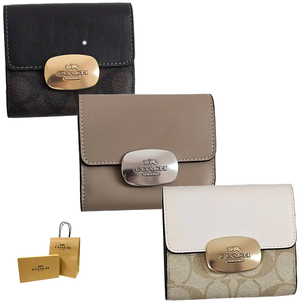 【COACH】COACH 橢圓立體金屬馬車LOGO雙拼皮革釦式三折中夾 黑拼深卡其 歷史價格詳細信息