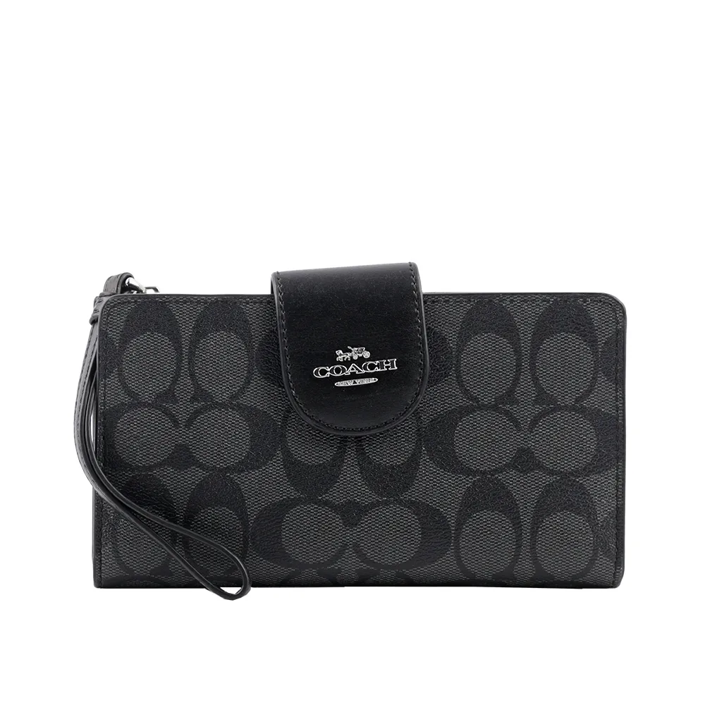 COACH C2874 馬車LOGO印花撞色拼接手機長夾.深咖/黑 歷史價格詳細信息