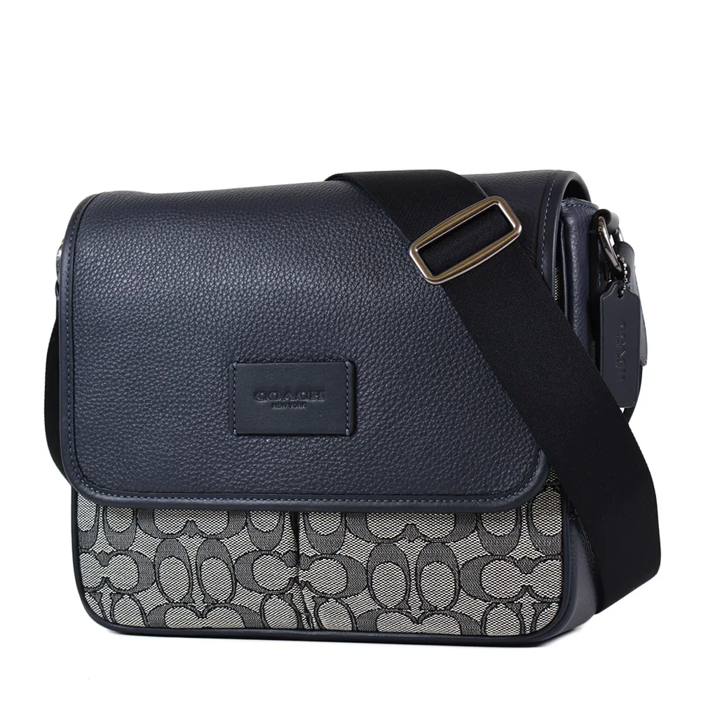 COACH 男款 緹花LOGO拚皮革翻蓋斜背包-黑色 歷史價格詳細信息