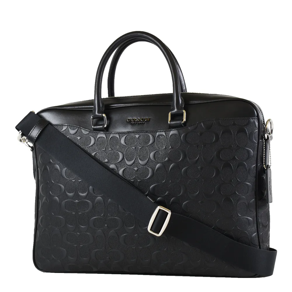 COACH 男款 浮雕LOGO前拉鍊皮革斜背包-黑色 歷史價格詳細信息