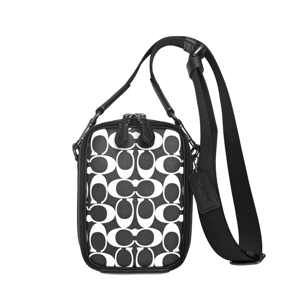 COACH黑白千鳥紋圖印鍊帶頸掛斜背方型卡夾零錢小廢包 歷史價格詳細信息