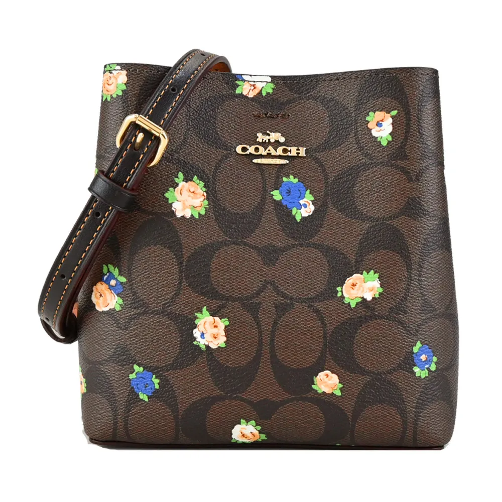 COACH 玟瑰印花PVC撞色背帶斜背包(咖啡X黑) 歷史價格詳細信息