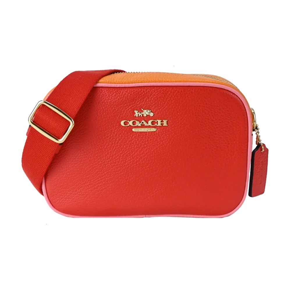 COACH 經典馬車撞色直條紋拼接荔枝紋牛皮斜背相機包(小/莫蘭迪藍) 歷史價格詳細信息