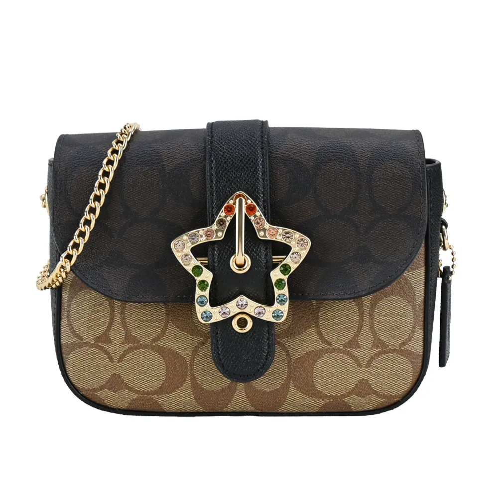 COACH 五角星水鑽扣環撞色防刮皮革鏈帶斜背包(卡其X咖啡黑) 價格比較,價格查詢,歷史價格詳細信息