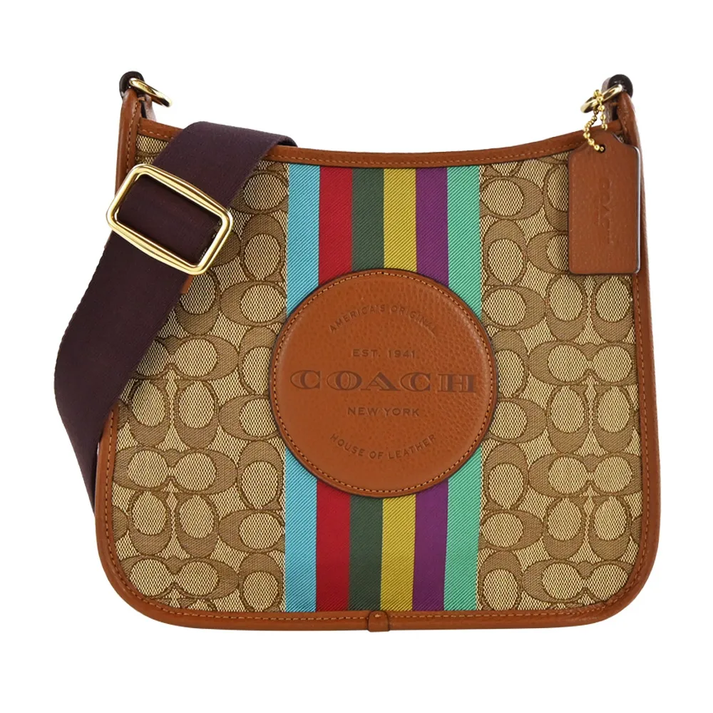 COACH 圓標LOGO緹花C撞色直條紋拉鍊對開長夾(卡其粉) 歷史價格詳細信息