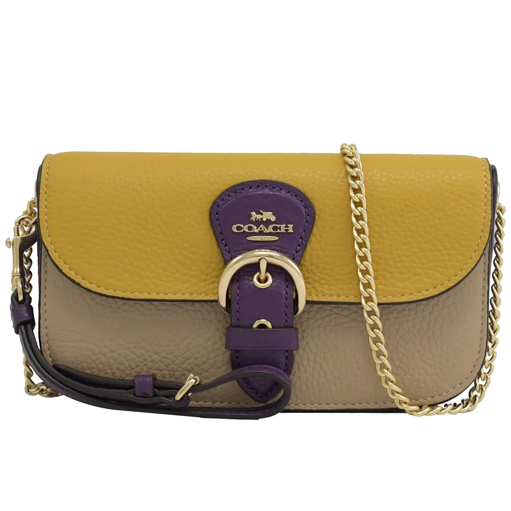 COACH KLEO 荔枝紋皮革撞色鍊帶斜背小包(黃X紫) 歷史價格詳細信息
