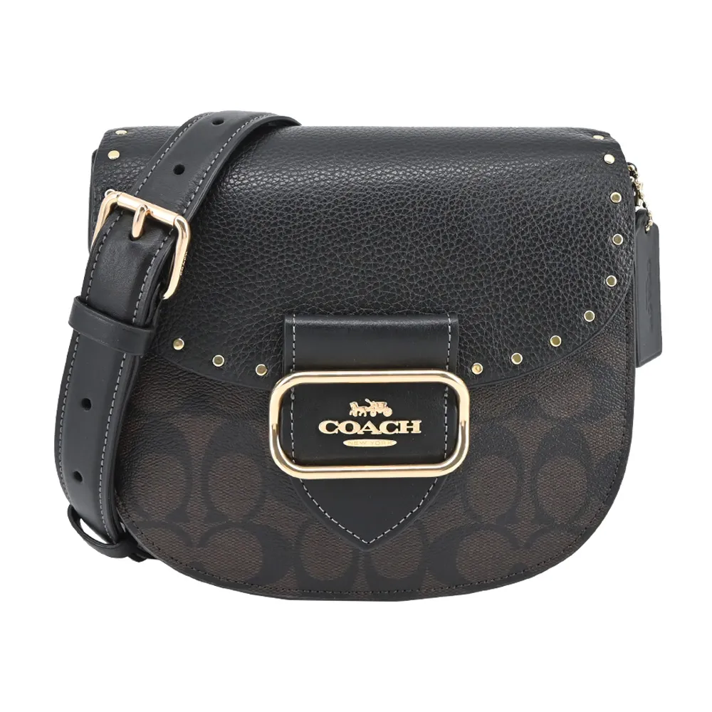 COACH黑色鉚釘荔枝紋全皮釦式翻蓋WOC斜背包 歷史價格詳細信息