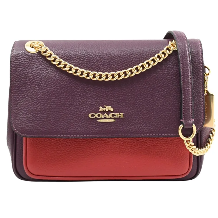 COACH KLARE PVC花卉撞色拼接鍊帶風琴包(卡其酒紅) 歷史價格詳細信息